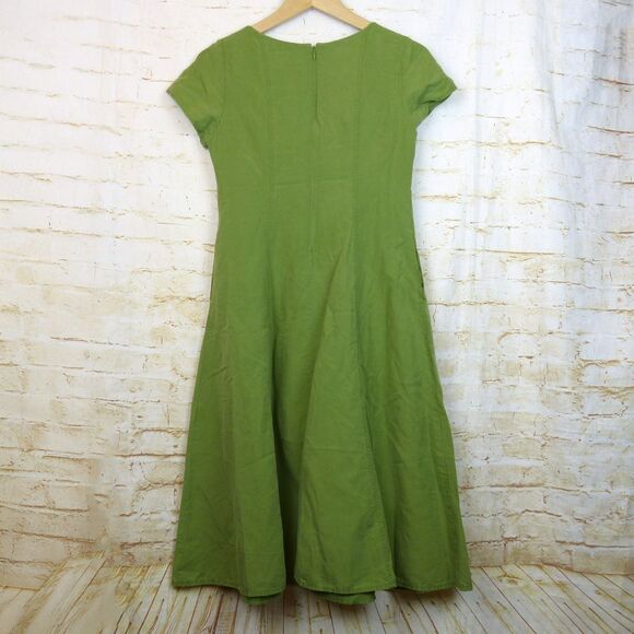 Uniqlo Dress Women XS Green Linen Blend Square Neck Short Sleeves Pockets Midi - Picture 11 of 15